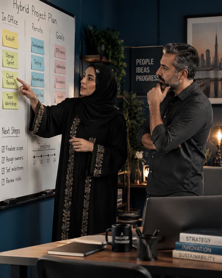 Mariam Al Farsi and Omar Haddad planning the hybrid Project Guardian at a whiteboard
