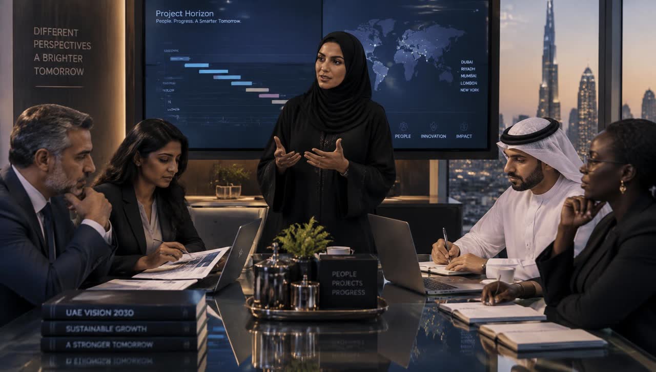 Layla Al Khalifa leading a Project Guardian review with Omar Haddad, Priya Nair, Faisal Al Nasser and Dr. Amara Obi