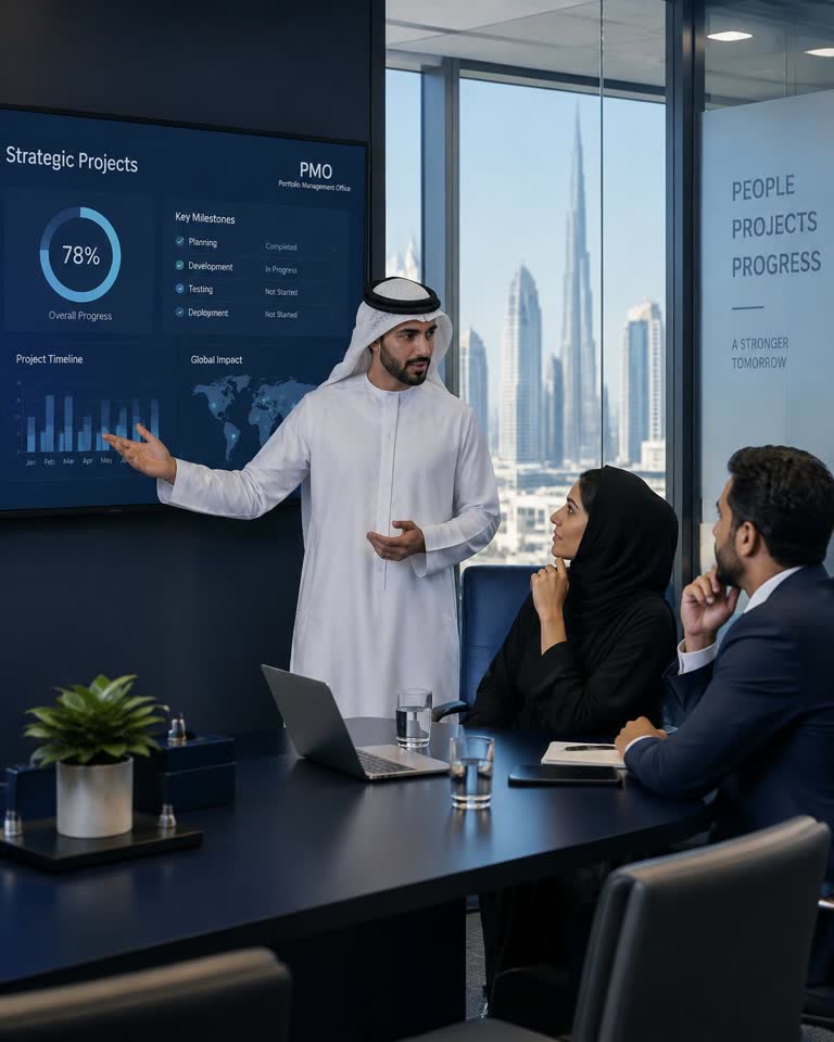 Faisal Al Nasser presenting the Project Guardian governance dashboard to Layla Al Khalifa and Khalid Mansour