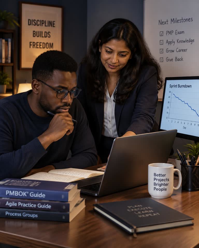 Priya Nair coaching Sam Okafor through PMP exam preparation material